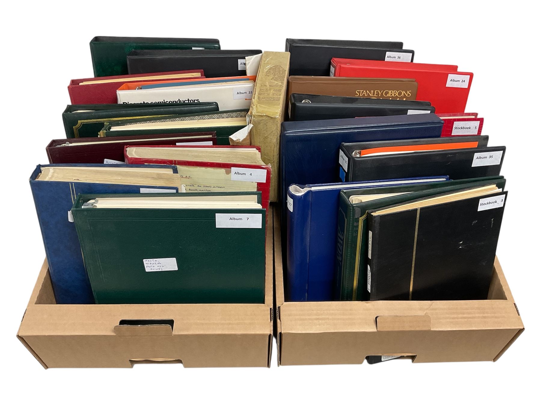 Great British and World stamps, including Queen Elizabeth II pre-decimal and decimal issues, Malta, USA, Australia, New Zealand, USSR, Africa, South America, etc, housed in various albums and stock books, in two boxes