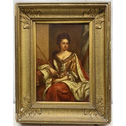 After Sir Godfrey Kneller (German/British 1646-1723): Seated Portrait of Queen Anne with Crown and Sceptre, 19th century oil on panel unsigned 34cm x 23cm