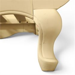 Modern white painted single sleigh bed frame and mattress, with scrolled head and footboard with foliage detail