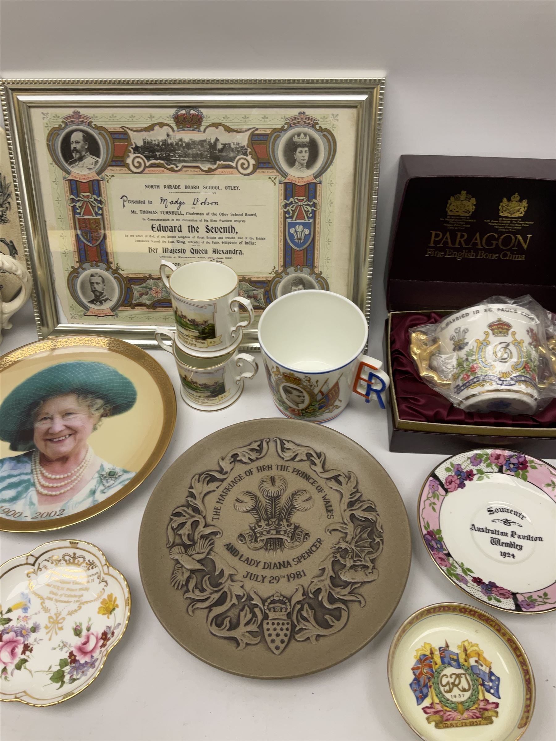 Commemorative ware to include Sampson Bridgwood Queen Victoria 1897 Jubilee teapot for Harrods, Poole limited edition Charles and Diana plaque, Regent China Edward VII moustache cup and saucer, pair of Aynsley Prince William birth mini loving cups, Pair Robert Burns Ridgways vases c1910 and other commemorative ceramics in one box