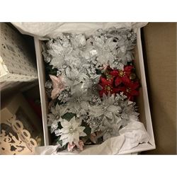 Artificial Nordic style 6ft Christmas tree, together with a large collection of baubles, small light up Christmas tree, tree skirt and other Christmas decorations, including some vintage examples