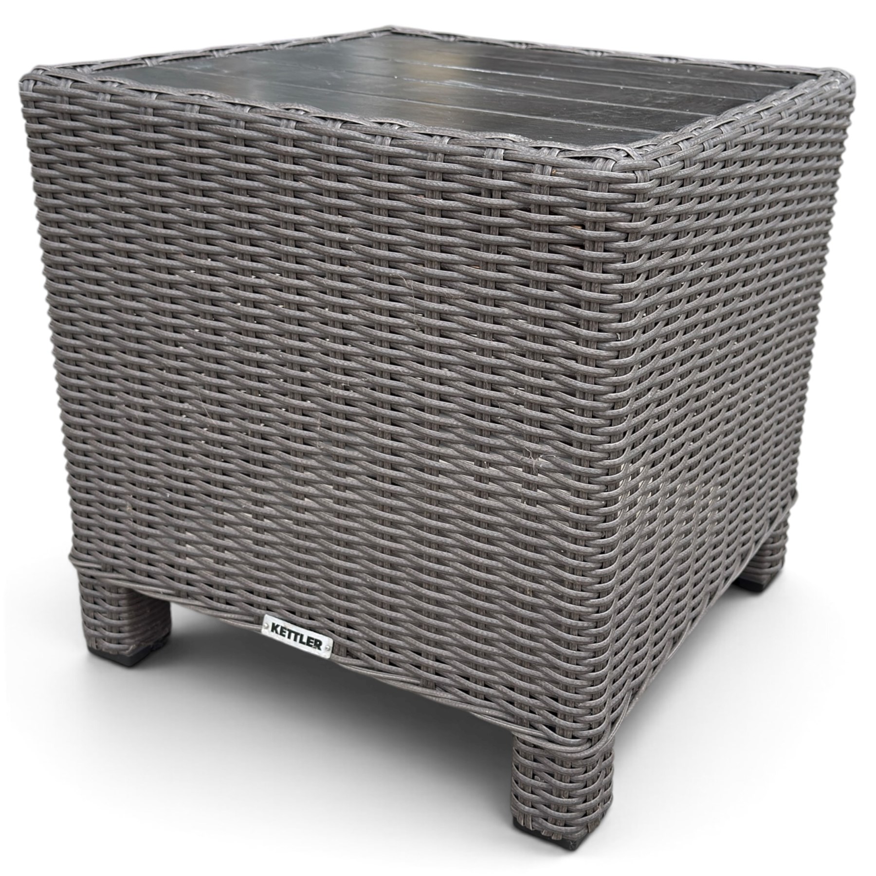 Kettler - Palma rattan garden lounge suite, comprising modular corner sofa (DIM) with slatted and rattan garden table on end supports (DIM), and three stools (DIM), with loose seat cushions