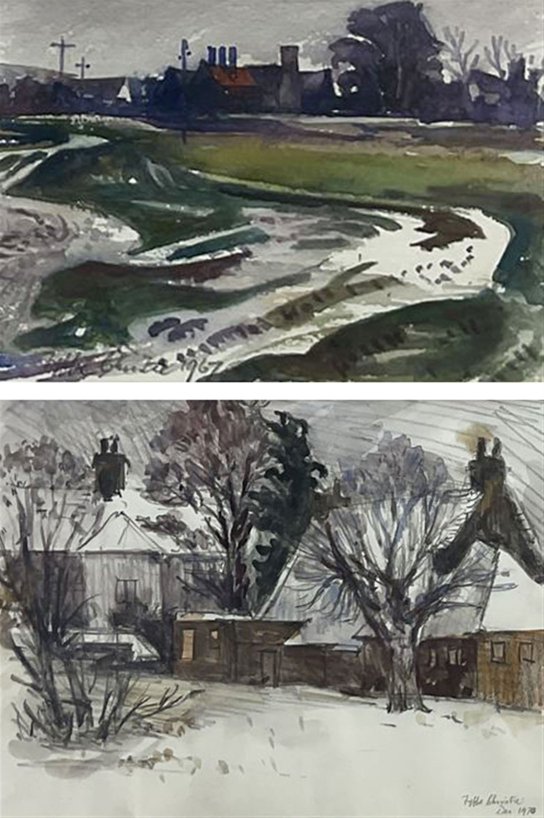 Fyffe Christie (British 1918-1979): Snowy Garden and Industrial City Suburb Landscape, two watercolours signed and dated 1970 & 1967, respectively, max 17cm x 21cm (2)