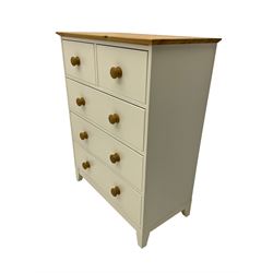 Cream painted pine chest, fitted with two short over three long drawers