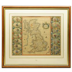Johannes (Joan) Blaeu (Dutch 1571-1638): 'Britannia Prout Divisa fuit Temporibus Anglo-Saxonum Praesertim Durante Illorum Heptarchia' (Britain as it was Divided During the Anglo-Saxon Times), engraved map of the British Isles with hand-colouring and 14 Dutch style miniature vignettes depicting kings and scenes from Saxon history, later edition 43cm x 54cm