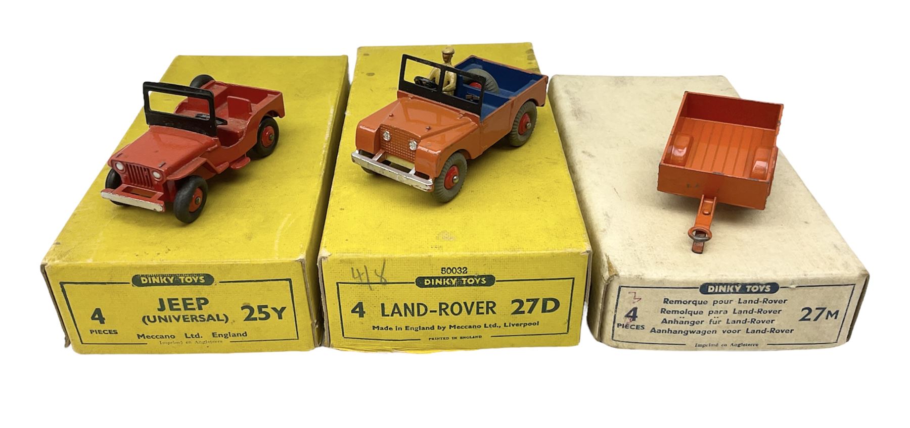 Dinky - trade shop stock box containing four Universal Jeeps No.25Y; and two others containing four Land-Rover Trailers No.27M and three (ex.4) Land-Rovers No.27D (3)