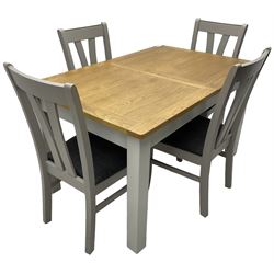 Oak and painted extending dining table, rectangular oak pull-out action top with folding butterfly leaf, on grey painted base; together with a set of four grey painted dining chairs with upholstered seats