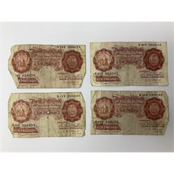 Banknotes including four Bank of England O'Brien one pound notes 'Y52J', 'T44J', 'T92J' and 'S23J', various ten shillings, two Somerset ten pounds 'CU20' and 'AW12', Page one pound notes, Bank of Scotland and other Scottish one pound notes etc