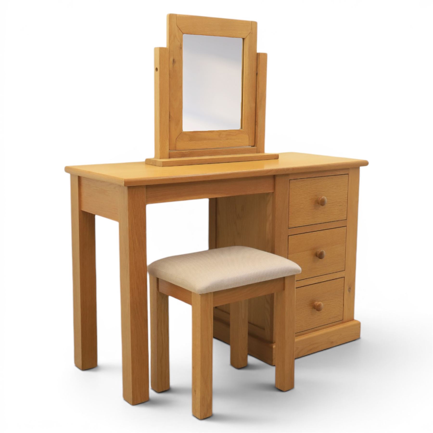 Contemporary oak dressing table, fitted with three drawers, with corresponding mirror and stool