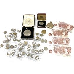 Hallmarked silver cased pocket watch, Waltham Mass pocket watch, Malta 1972 50 cents coin, medallion commemorating the Coronation of King George VI and Queen Elizabeth 1937, fifty-four brass three pence coins and ten Bank of England ten shilling notes

