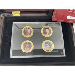 Mostly commemorative coins including The Royal Mint 1997 proof coin collection, Westminster 2013 'The Royal Baby Photographic 65mm' coin, Jubilee Mint 2017 'The Queen Elizabeth II Sapphire Jubilee' five pound coin collection etc