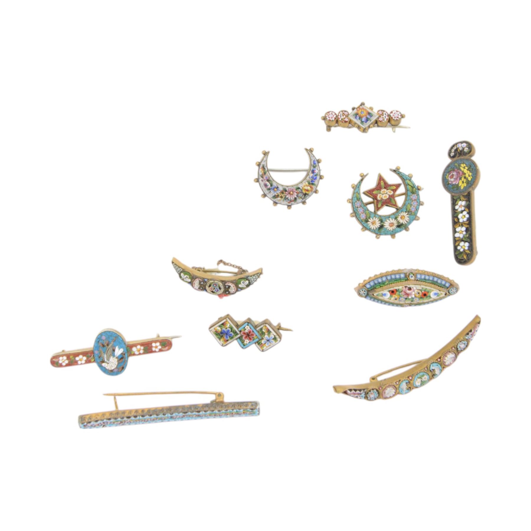 Thirty micro mosaic brooches including four Roma examples, in various shapes including crescents 