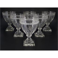 Set of six 19th century glass rummers, the part slice cut bowls with engraved band decoration, upon short octagonal faceted stems and square bases, H13.5cm