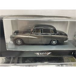 Nine Neo Scale Models 1:43 scale die-cast models including Daimler Majestic major, S&S Landau Hearse, Lagonda 3-litre 1955, Rover P4 Seventy-five, Jaguar 420Rover P5b Coupe etc; some boxed (9)