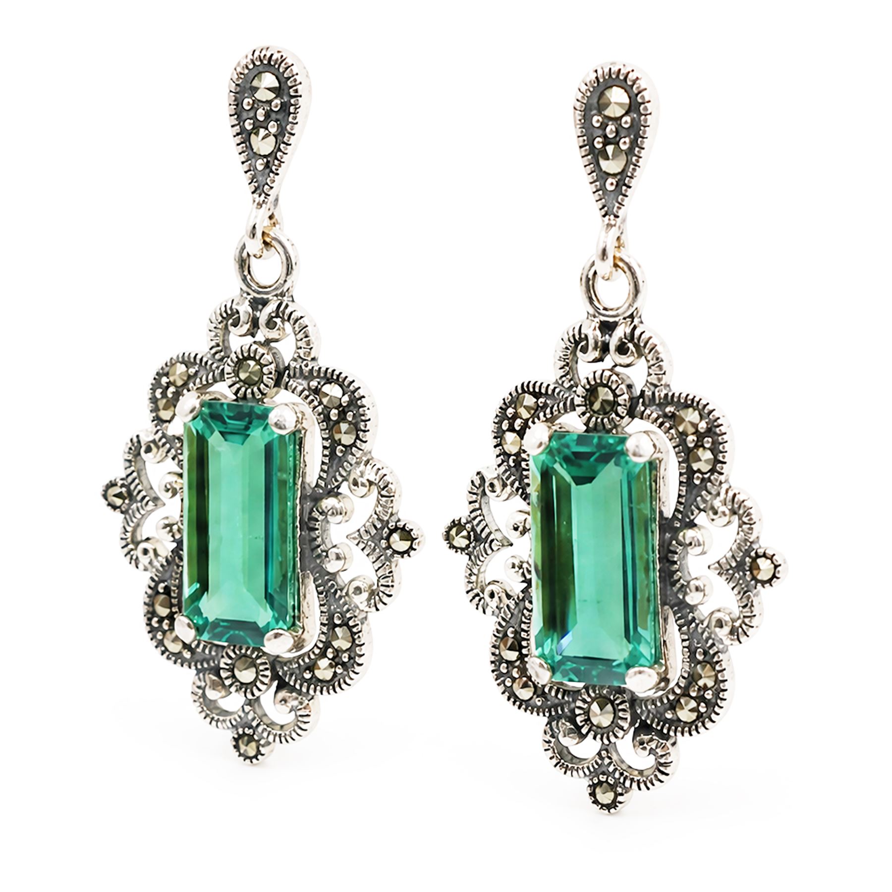 Pair of silver marcasite and green quartz pendant stud earrings