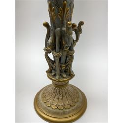 A pair of Doulton Lambeth Marqueterie vases, circa 1890, of trumpet form with applied zoomorphic supports, upon spreading circular feet, with impressed and printed marks beneath, H28cm.
