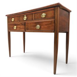 Georgian mahogany side table fitted with drawers, rectangular top over five drawers with brass handles, raised on tapering square supports
