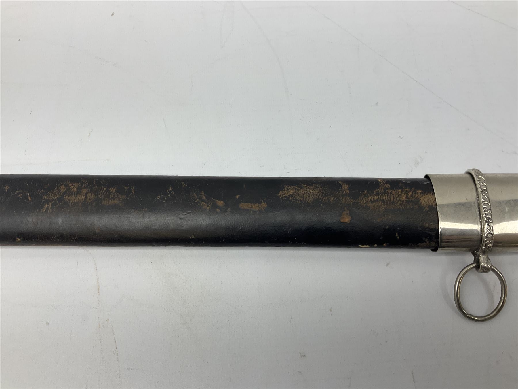 Reproduction Scottish basket hilted broadsword with 85cm double edged steel blade and red lined basket hilt with wire bound grip, in white metal mounted leather scabbard 107cm overall