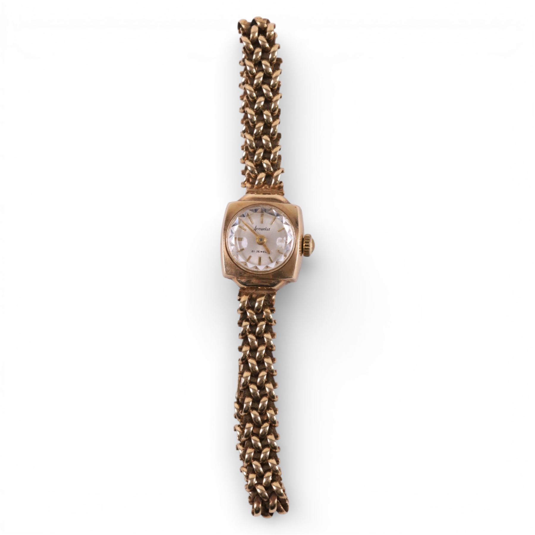 Accurist ladies 9ct gold manual wind wristwatch, on integral 9ct gold bracelet, hallmarked