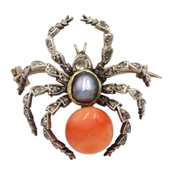Victorian gold and silver spider brooch, set with diamonds, coral and a grey split pearl 