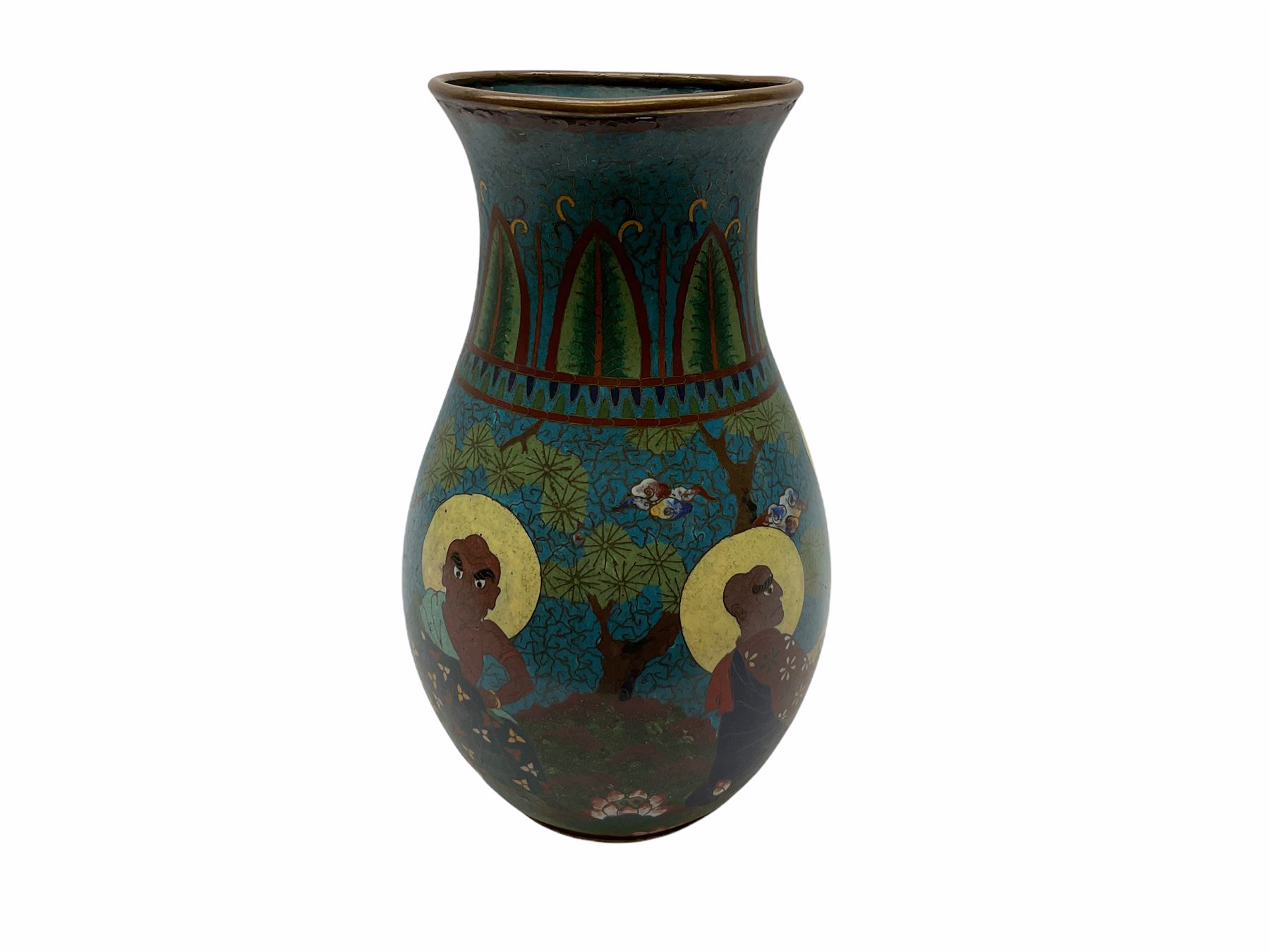 Japanese Cloisonne vase, Meiji/Taisho period, decorated with five haloed figures, possibly the Lucky Gods or Monks, in a landscape detailed with pine trees, lotus flowers and auspicious clouds, beneath a neck with band of fronds, with apocryphal Ming mark beneath, H31cm
