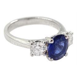 18ct white gold three stone oval sapphire and diamond ring, hallmarked, sapphire approx 1.50 carat, total diamond weight approx 0.60 carat