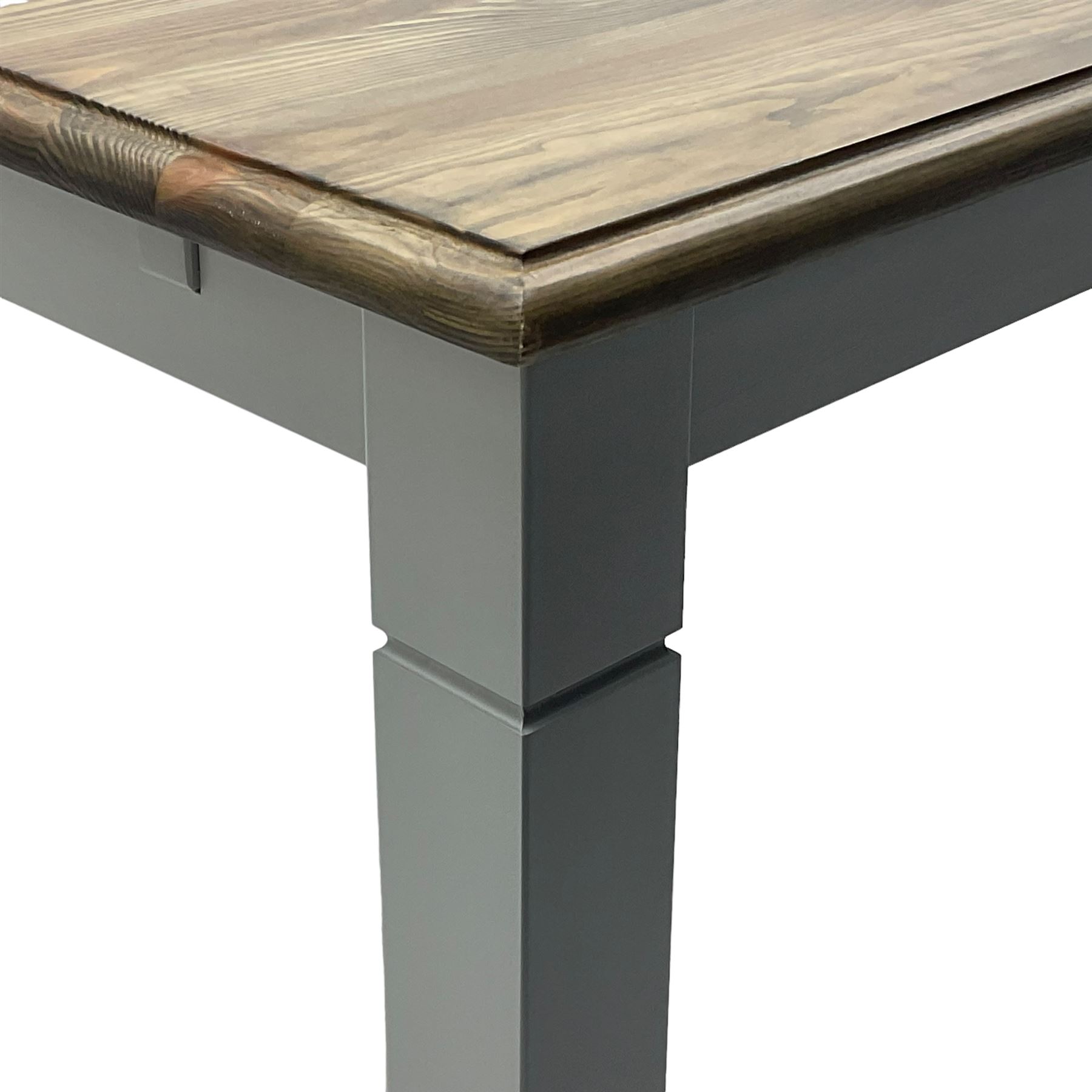 Pine kitchen dining table, rectangular moulded top on painted base, square tapering supports (180cm x 85cm, H78cm); and two matching benches 