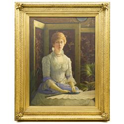 Henry M Terry (British fl.1879-1920): 'Her First Season' Portrait of a Seated Victorian Lady Holding a Fan, watercolour signed and dated 1884, titled and inscribed on artist's address label verso 67cm x 50cm
Provenance: exh. Christopher Wood Gallery; purchased Phillips 1996 for £3700