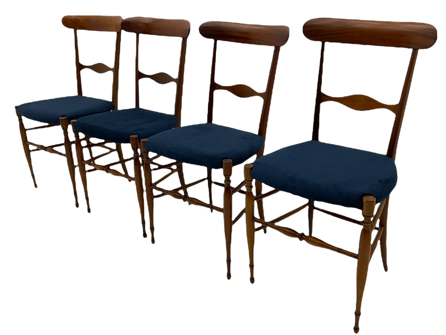 Campanino Chiavari by Fratelli Levaggi - circa. 1950s set eight walnut dining chairs, seats upholstered in blue fabric, 