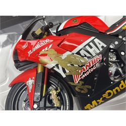 Four Minichamps 1:12 scale die-cast motorcycles - Honda RC211V Team Movistar Honda MotoGP Rider Marco Melandri MotoGP 2005; Yamaha YZR-M1 Antena 3 Yamaha D'Antin Shinya Nakano MotoGP 2003; Yamaha YZR-M1 Max Biaggi MotoGP 2002; and Ducatti 999FO4 Gregorio Lavilla BSB 2005; all boxed (4)