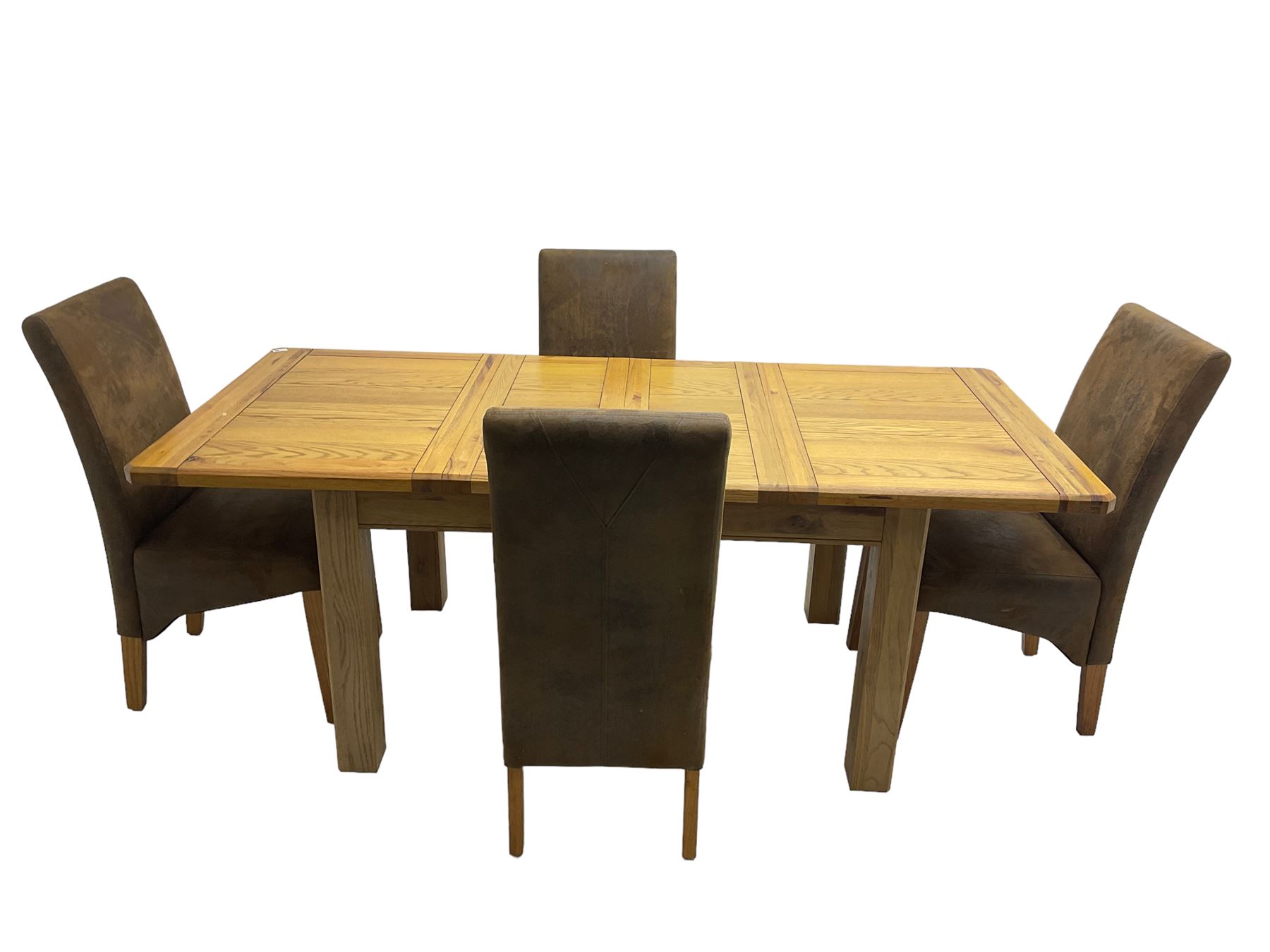 Contemporary oak extending dining table, rectangular top with canted corners on square supports, with two additional leaves (W133cm D93cm H78cm); and set four high back dining chairs, upholstered in brown faux suede (W46cm H103cm)