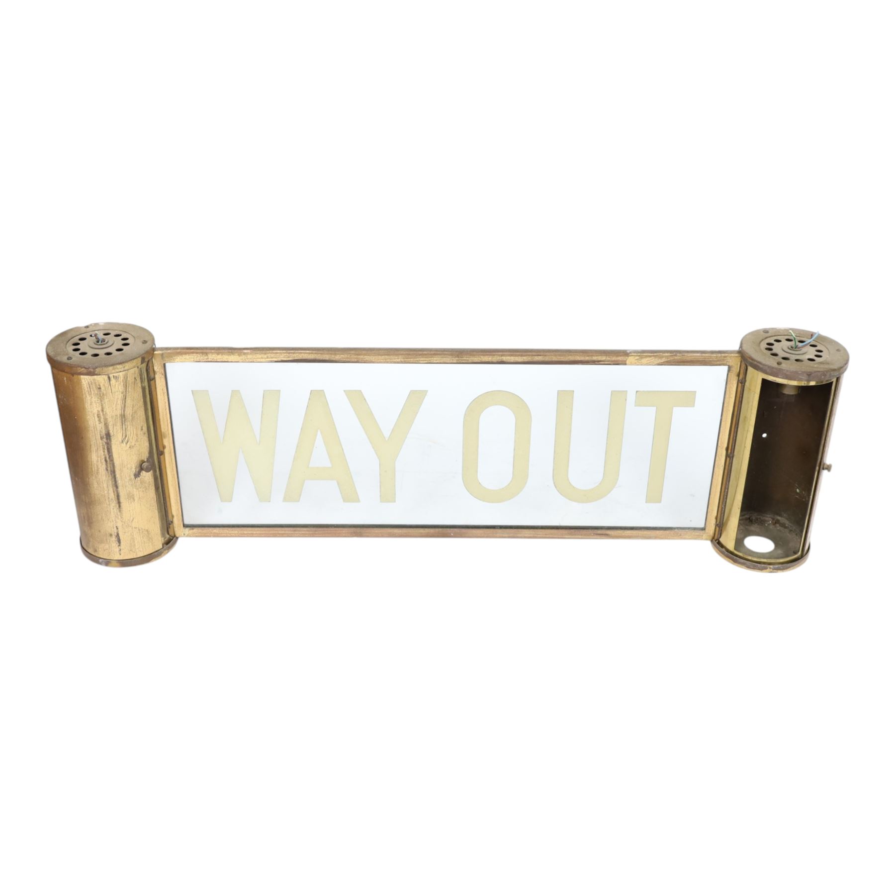 Way Out sign, from cinema or theatre, the central glass panel market Way Out, with brass border and two cylindrical brass mounts for lights to each end, H25cm, L81cm 