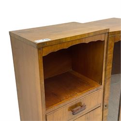 Early 20th century walnut side cabinet, enclosed by central bowed and glazed door, fitted with drawer, two cupboards and fall front, on plinth base