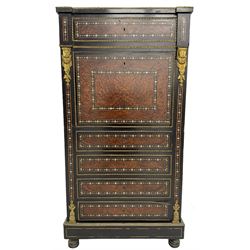 Late 19th century French ebonised and amboyna secrétaire à abattant, white marble top over frieze drawer, fall front and four further drawers, inlaid with trailing pattern in mother of pearl, mounted by cast gilt metal brackets with floral festoons, plinth base with foliate mounted edging and brass stringing, on turned feet 