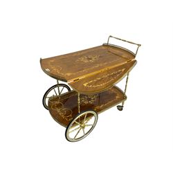 Early 20th century Italian marquetry walnut and satinwood drinks trolley wagon, two-tier with drop leaves and pierce brass gallery