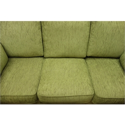  Three seat sofa upholstered in green chenille, W220cm, D87cm   