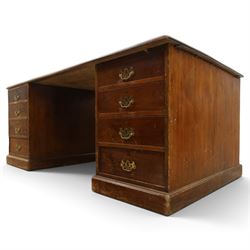 Edwardian mahogany office desk, recatangular top with green inset leather writing surface, fitted with two banks of four drawers, brass swan neck handles with ornate backplates