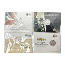 Four The Royal Mint United Kingdom twenty pounds fine silver coins dated 2013 'A Timeless First', 2014 'Outbreak' 2015 'The Longest Reigning Monarch' and 2015 'Sir Winston Churchill', all on cards