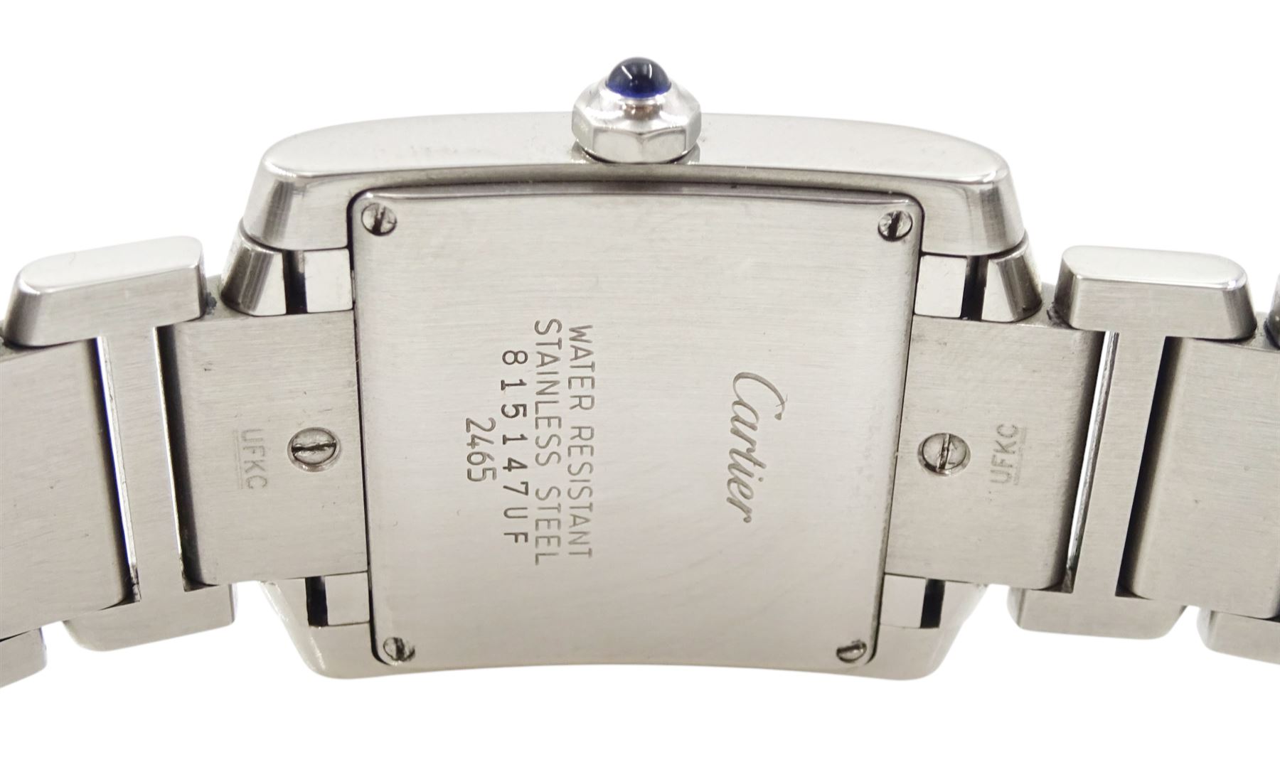 Cartier Tank Francaise mid size stainless steel quartz wristwatch, Ref. 2465, silvered dial with date aperture, on original stainless steel bracelet, with fold-over clasp, boxed with purchase receipt dated 2013