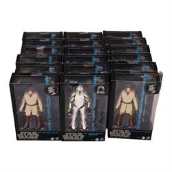 Complete set of sixteen Star Wars The Black Series Blue Wave action figures, comprising Sandtrooper, Darth Vader, Luke Skywalker, Chewbacca, Tie Pilot, Yoda, Clone Trooper Sergeant, two Obi-Wan Kenobi figures, Han Solo, Bossk, Emperor Palpatine, Luke Skywalker, Clone Trooper Captain, Clone Commander Cody, IG-88 and Princess Leia Organa, together with Boba Fett Prototype Armour figure, all boxed  (18)
