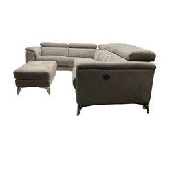 Contemporary four seat corner sofa, adjustable head rests and reclining function, upholstered in grey suede fabric, on chrome feet, together with matching pouffe