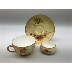 Royal Worcester blush ivory teacup and saucer, with painted floral decoration within gilt borders, date code mark for circa 1897, two Royal Crown Derby Imari pattern teacup trios, and another similar Derby cup and saucer, Shelley coffee cups and saucers, etc