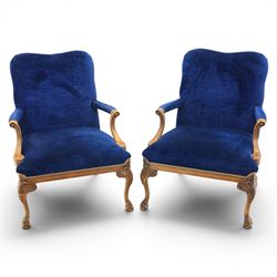 Pair of George II design Gainsborough armchairs in deep blue upholstery, shaped back over ...