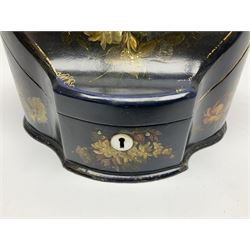 Victorian papier-mâché stationary box, of rounded wedge form with mother of pearl escutcheon, the hinged and curved cover and sides hand painted with floral sprays, opening to reveal a lined and fitted interior, H15cm L22cm D16cm