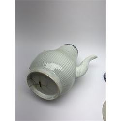 18th century Phillip Christian Liverpool reeded and floral moulded tea wares, comprising coffee pot, tea bowl and saucer, and coffee cup and saucer, each detailed with foliate and trellis borders, teapot H25cm, tea bowl D7.5cm, saucer D13cm 