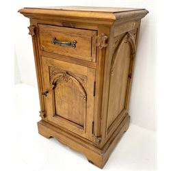 Polished pine bedside/lamp cabinet, single drawer and cupboard door, plinth base