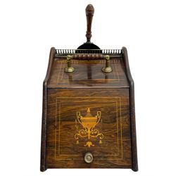 Edwardian inlaid rosewood coal box, the sloped hinged front inlaid with foliate urn and boxwood stringing, with turned handle in brass mounts, together with coal shovel and metal liner