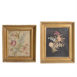 Two 19th century silk work botanical panels, finely worked in coloured silks, framed and g...