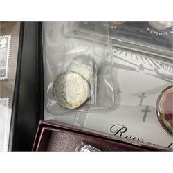 Commemorative and other coinage, including various Queen Elizabeth II 'London 2012 sports collection' fifty pence coins on cards, commemorative crowns, Millennium 2000 'Time Capsule' coin set, channel islands old round one pound coins, part sets etc