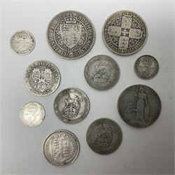 Approximately 65 grams of Great British pre 1920 silver coins and approximately 230 grams of pre 1947 silver coins, including King George V 1935 crown and two King George VI 1937 crowns
